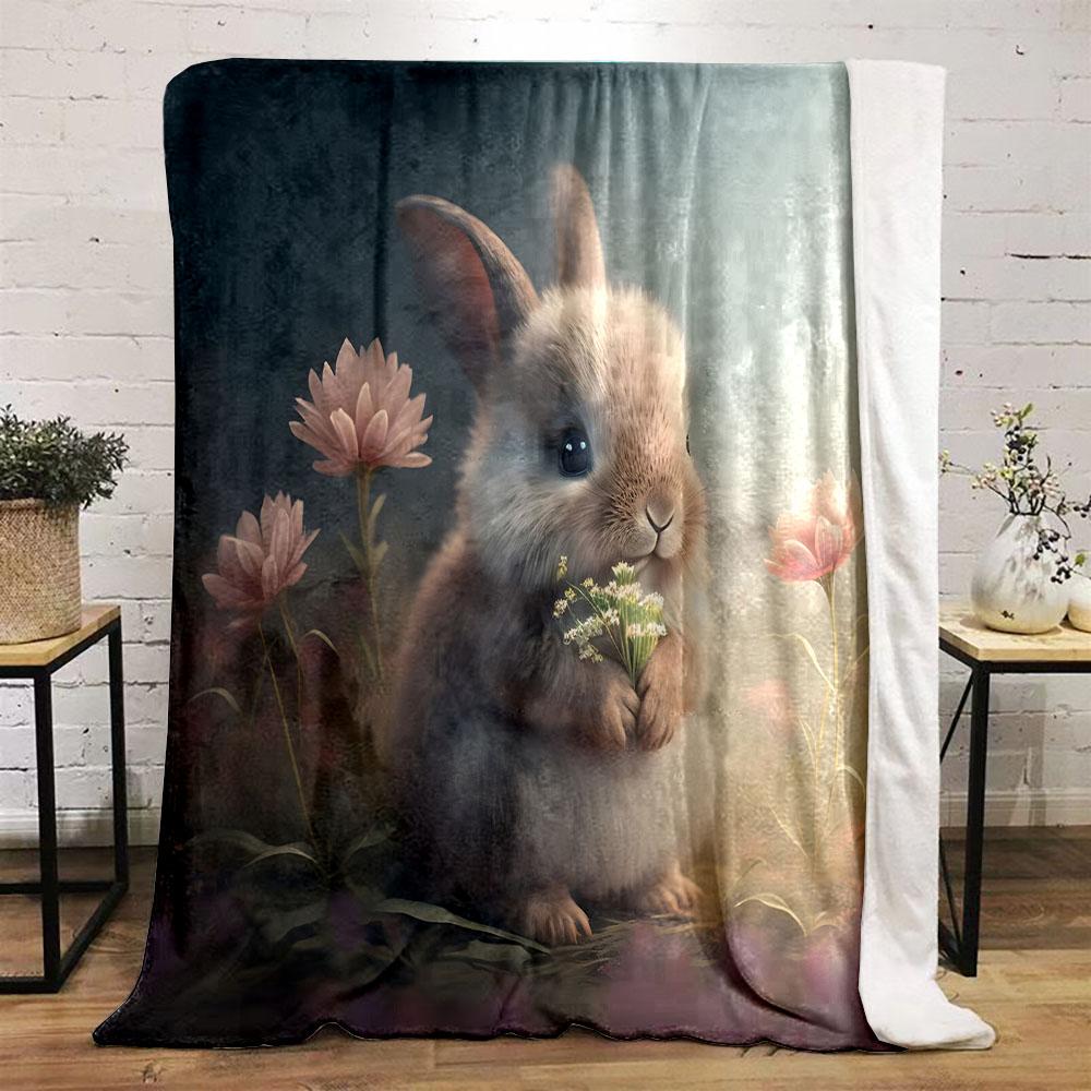 Cute Bunny Holding Flowers In Spring Patterned Flannel Blanket Perfect for the Bedroom Living Room, Sofa, or a Little Nap
