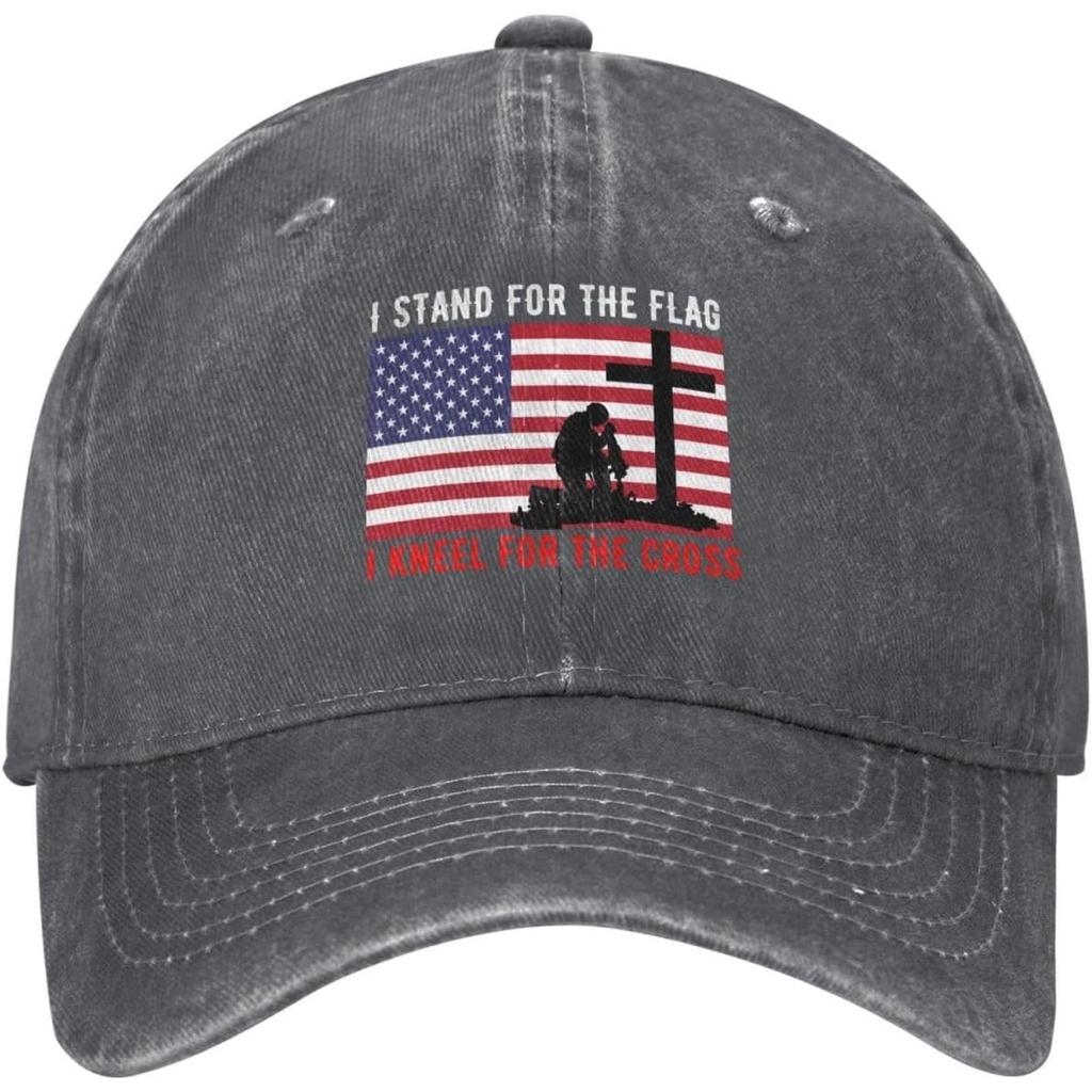 I Stand for The Flag I Kneel for The Cross Baseball Cap Distressed Denim Style Adjustable Dad Hat