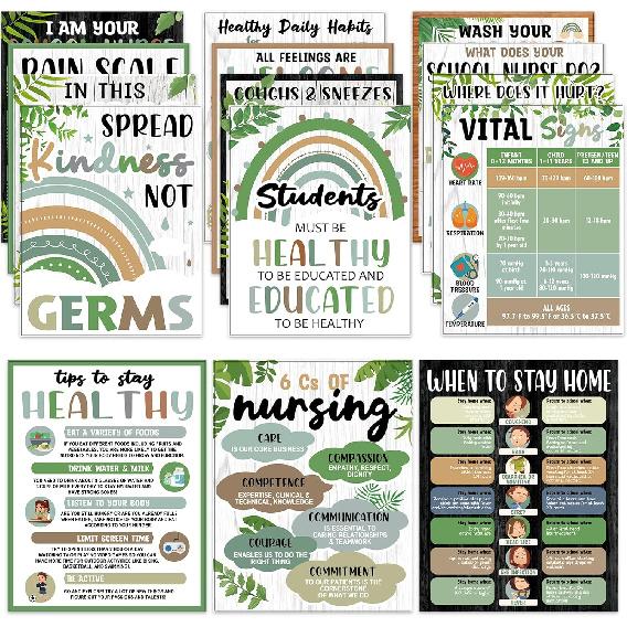 15 Pcs School Nurse Poster Classroom Decorations Greenery Health Bulletin Board School Supplies for Kids Green Leaf Health Wall Decals Decor for