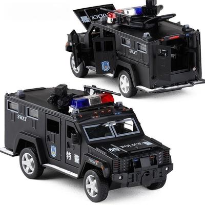 1:32er Maßstab Polizei SWAT Anti-Entführungs-LKW Legierungsmodellauto mit Rückzugmechanismus und Blinklichtern für Kleinkinder.