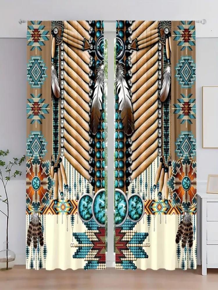 2 Stück - Indische Federn Böhmisches Muster bedruckte Vorhänge Fensterdekorationen Heimdekorationen Zimmerdekorationen