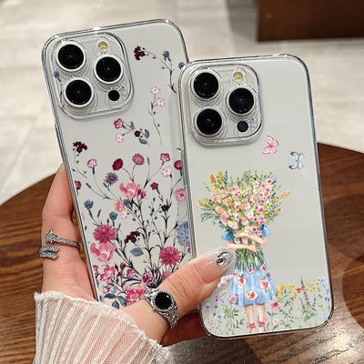 For iPhone 15 Pro Max 14 13 Pro 12 11 Phone Cover Beautiful Floral Pattern Clear Shockproof Slim PC Hard Case