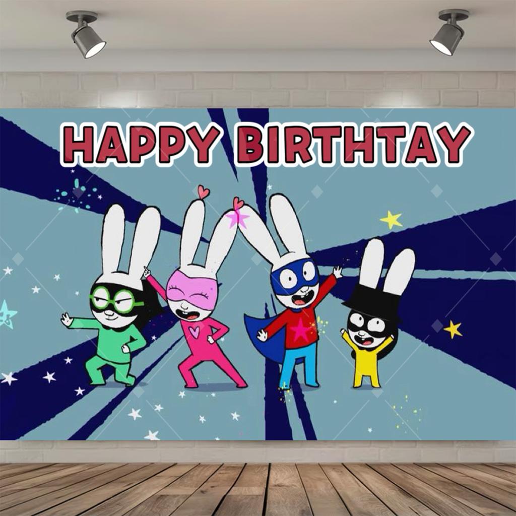 Pretty photo backdrop for a children's birthday party, Simon Super Rabbit and his rabbit friends theme, rainbow party decoration, baby shower877