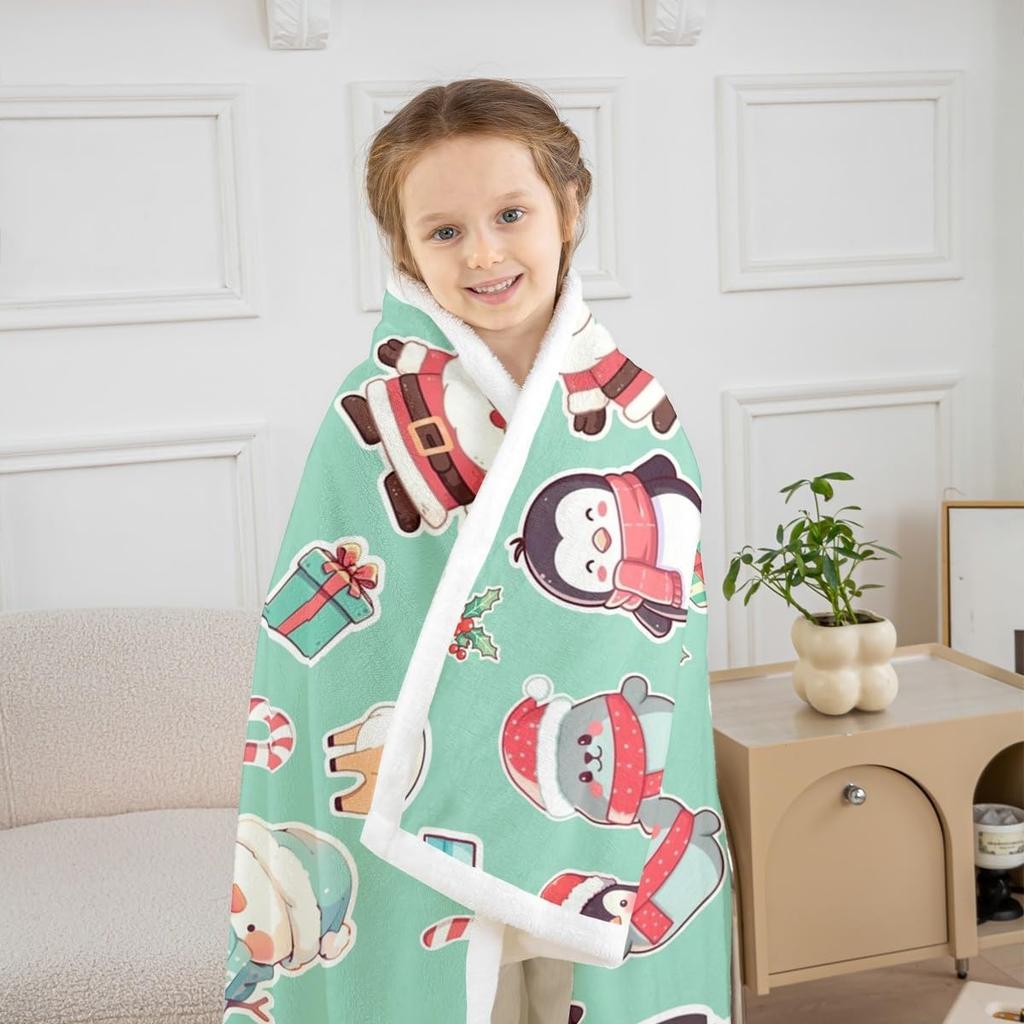 Santa Claus Fleece Blanket Penguin Warm Plush Sherpa Blanket Deer Gift Box Seal Holly Stars Fuzzy Plush Throw Candy Xmas Balls
