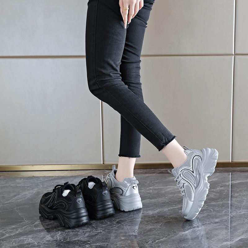 TUINANLE Black Women Platform Sneakers Breathable Lace Up Chunky Casual Comfort Walking Shoes