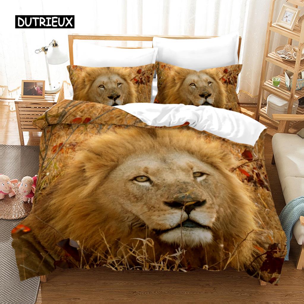 Lion Duvet Cover 3D African Wildlife Bedding Set for Kids Girls Soft Microfiber Quilt Cover with Zipper Closure