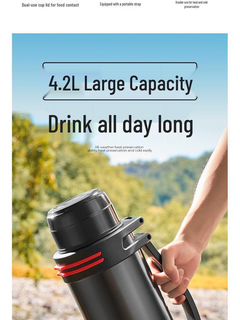 Large Stainless Steel Insulated Water Bottle with Double Lid and Strap for Outdoor Sports