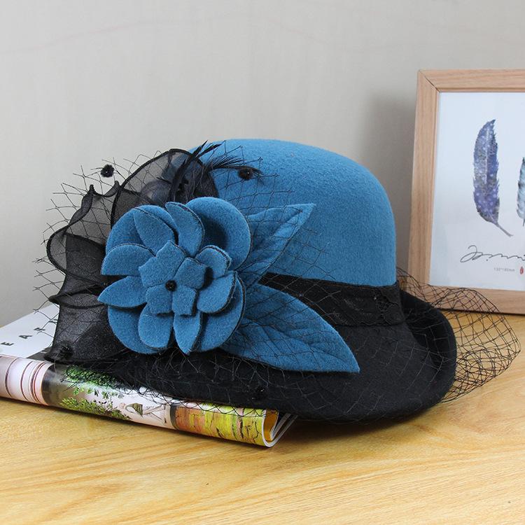 Woolen Hat Women'S Autumn And Winter British Retro Versatile Basin Hat Hepburn Mesh Flower Crimped Top Hat