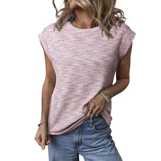 Women Tops Round Neck Short Sleeves Waffle Texture T-shirt Pure Color Loose Fit Knitted
