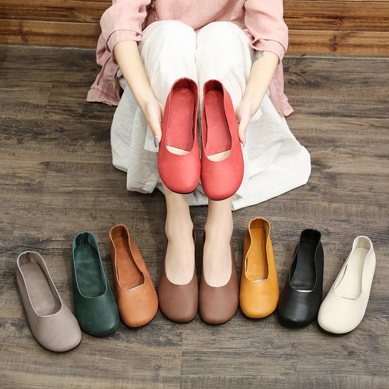 Simple Zen Literary Handgemachte Lederschuhe mit weicher Unterseite für Omas Damen mit flacher Unterseite und flachem Mund, Mutterschuhe für vier Jahreszeiten, Einzelschuhe