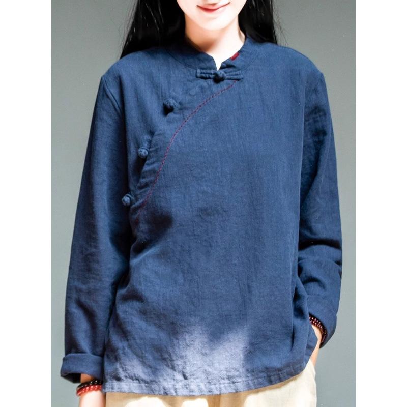 Cotone Lino Vintage Collo Alto Manica Lunga Donna Primavera Autunno Stile Cinese Servizio Tè Pullover Top Manica Lunga