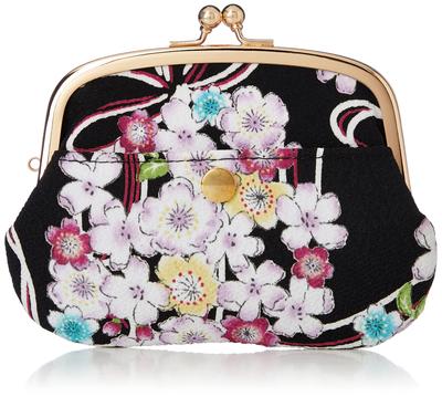 Uni Made In Futago Chirimen Japanese Pattern Clasp Wallet Blossom (N0207) Seni, Japan, Parent-Child [Cherry Knot, Black]