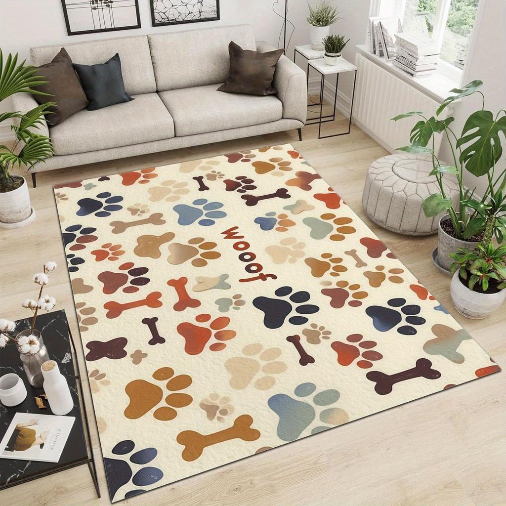 Velvet Dot Plush Dog Paw Print Area Mat Non Slip Living Room Bedroom Cozy Indoor Decor Rubber Backing Beige Brown Orange