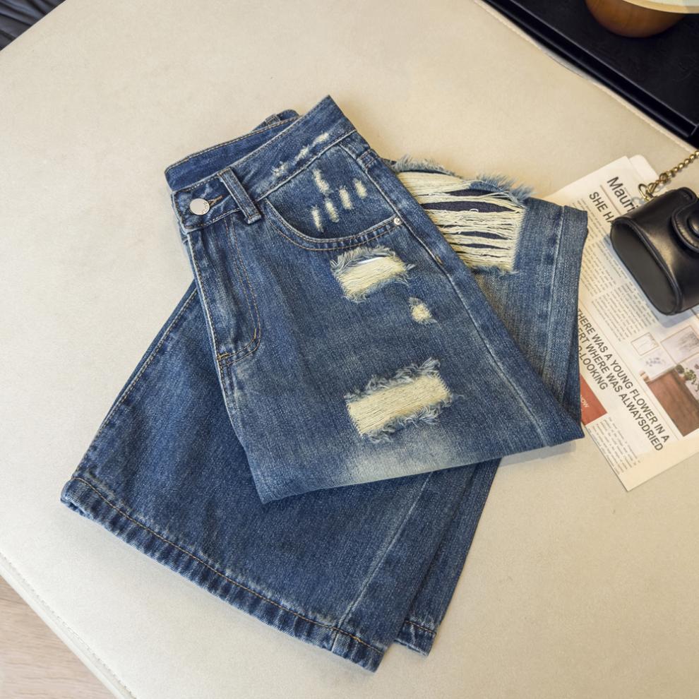 American Retro High Waist Ripped Jeans for Women - Loose, Slimming, Wide Leg