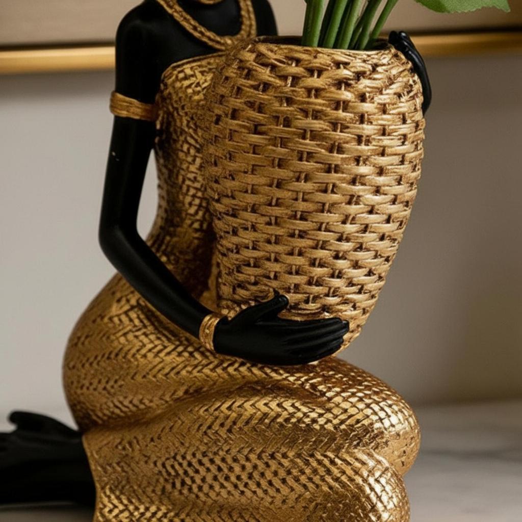 Artistic African Woman Bust with Open Bowl Resin Vase for Vanity Table Entryway