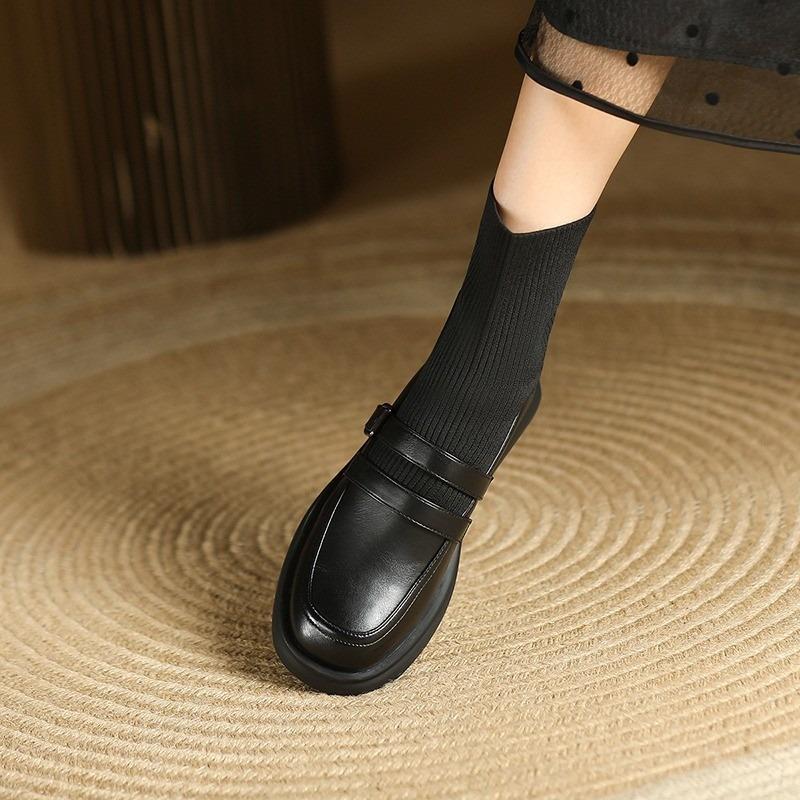 Skinny Socks Booties Women's Fashion Autumn New Round Toe Paneled Knit Stretch British Leather Shoes