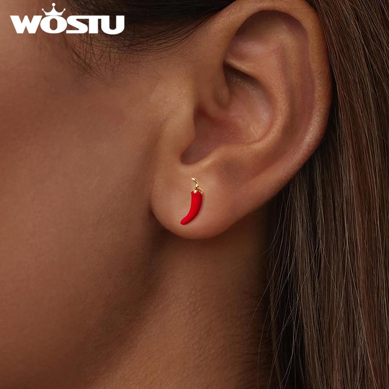 WOSTU 925 Sterling Silver 18K Gold Red Chili Pepper Earrings Cute Cherry Ear Studs For Women Happy Emoji Holiday Jewelry Gift
