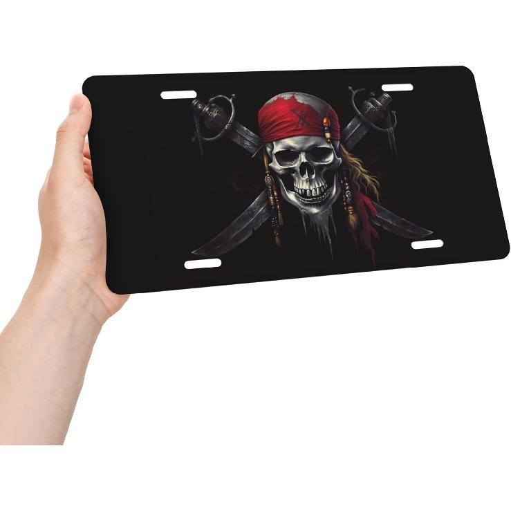 Pirates Skull Flag License Plate Decorative, Car Front License Plate Aluminum Novelty Metal Car Plate 6 X 12 Inch