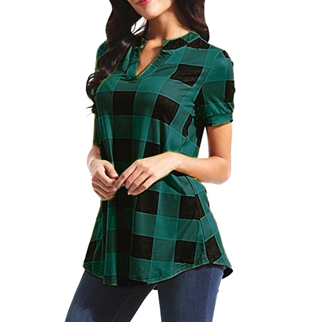 Frauen Casual Plaid Gedruckt Kurzarm V-ausschnitt Unregelmäßigen Saum Bluse T-Shirt Tops