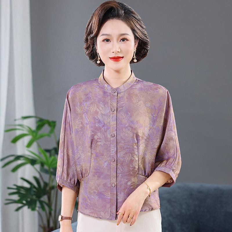 Imitation Silk Slimming Summer Top for Middle-Aged Women - Age-Defying, Tummy-Covering, Elegant Shirt for 50+ Noblewomen