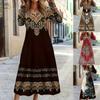 Women's Round Neck Long Sleeve A Line Midi Dress Loose Fit Casual Printed Dress