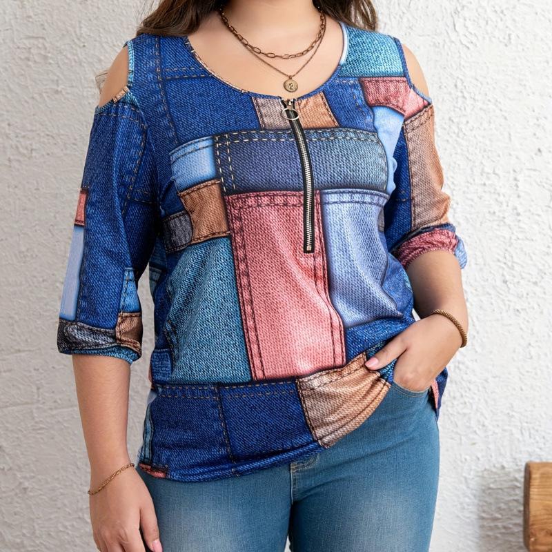 Off-Shoulder Plaid Printed Top 4XL