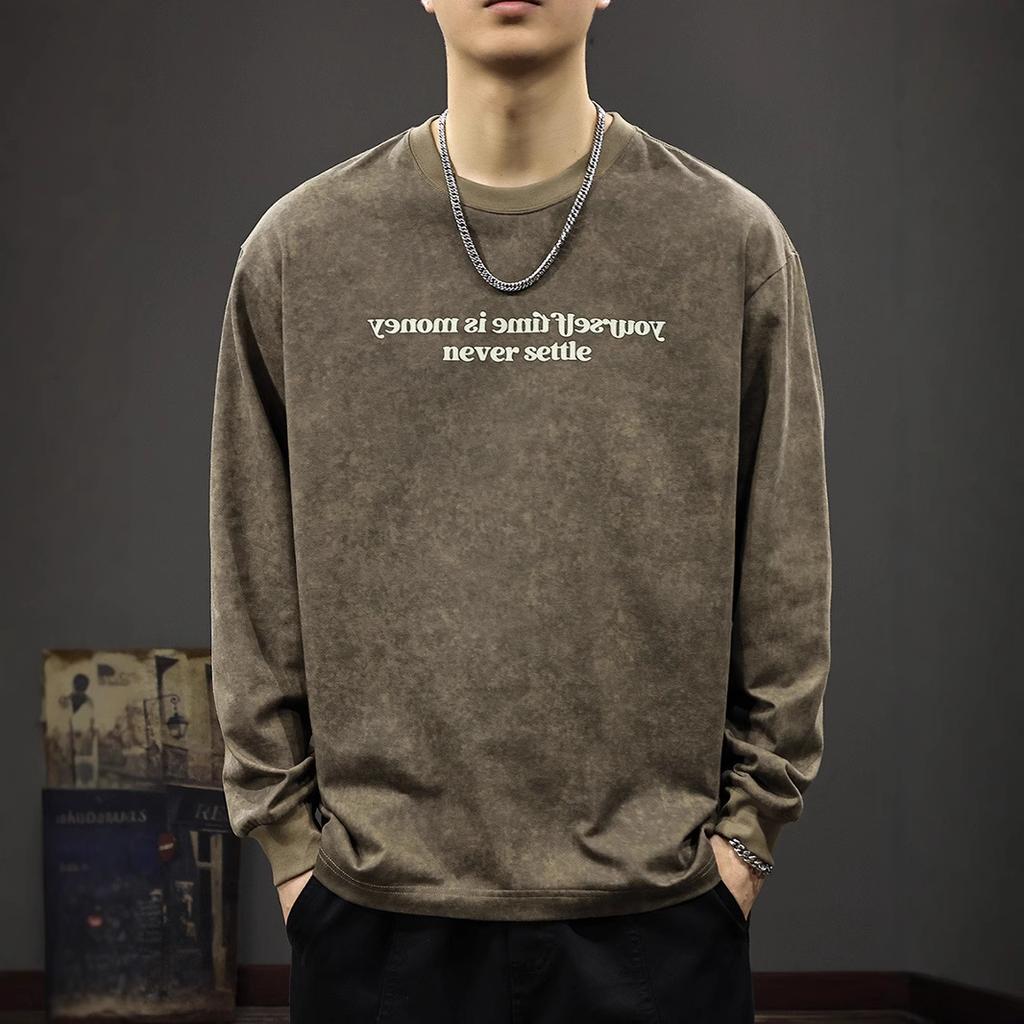 Autumn Wasteland Feng Shui Washing Printing Long-Sleeved T-Shirt Men'S American Heavy Pure Cotton Bottoming Shirt Trendy Brand Loose Sweater