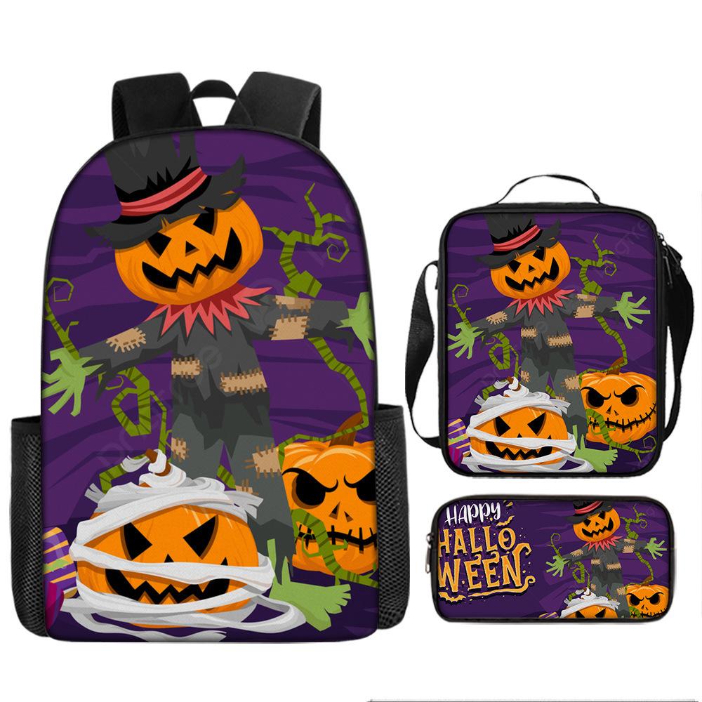 Halloween Backpack Pumpkin Ghost 3-Piece Set Schoolbag Kids Shoulder Bag Cute Bookbag for Boys Girls
