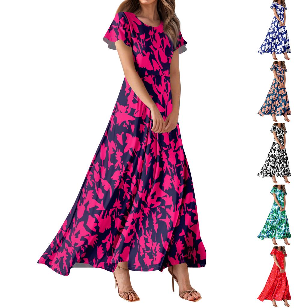 Women's Bohemian Print Casual Round Neck Short Sleeve High Waist Dress Elegant Dress