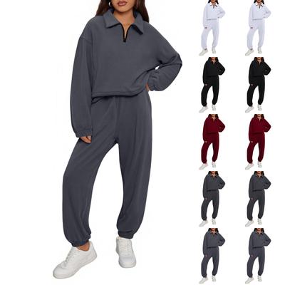Women's Fashion Color Loose Zip-up Stand Collar Sweatshirt Casual Set