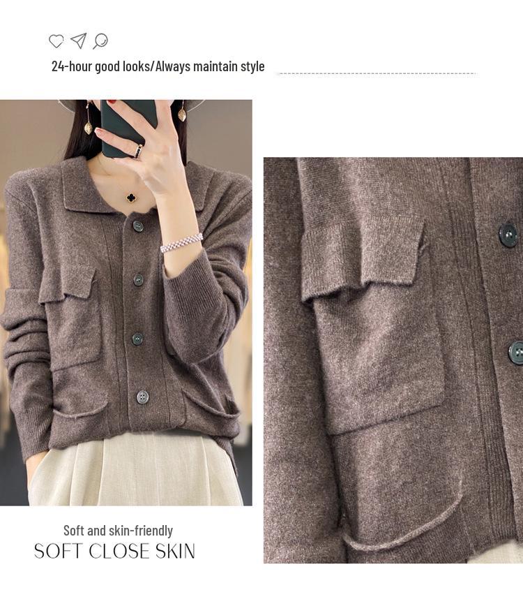 2023 Women's 100% Wool Lapel Cardigan: Year-Round Solid Color Cashmere Knit Sweater
