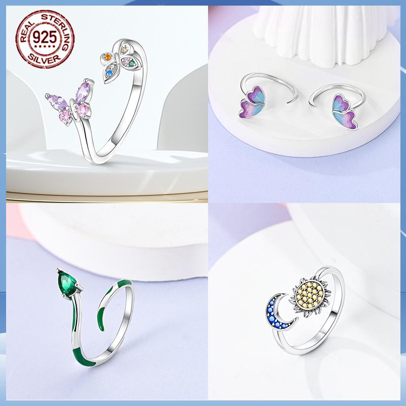 Free Size 925 Sterling Silver Ring Butterfly Sun Moon Sunflower Crystal Original Adjustable Rings for Women Wedding Jewelry Gift