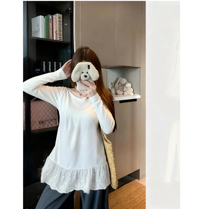 

Lace Trim White Slim-Fit Base Layer Top for Women - Plus Size, Autumn/Winter 2025 XL белый