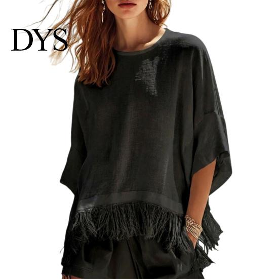 Women Fringe Shirt Solid Color with Tassels, O Neck Half Sleeve Casual Loose Fit T-shirt Blouses, Autumn Top