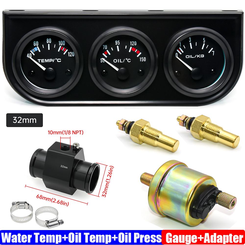 3IN1 Wassertemperaturanzeige+Öltemperaturanzeige+Öldruckanzeige mit Kühlerschlauchadapter 26MM-40MM Auto Dreifach-Anzeigen-Kit 12V