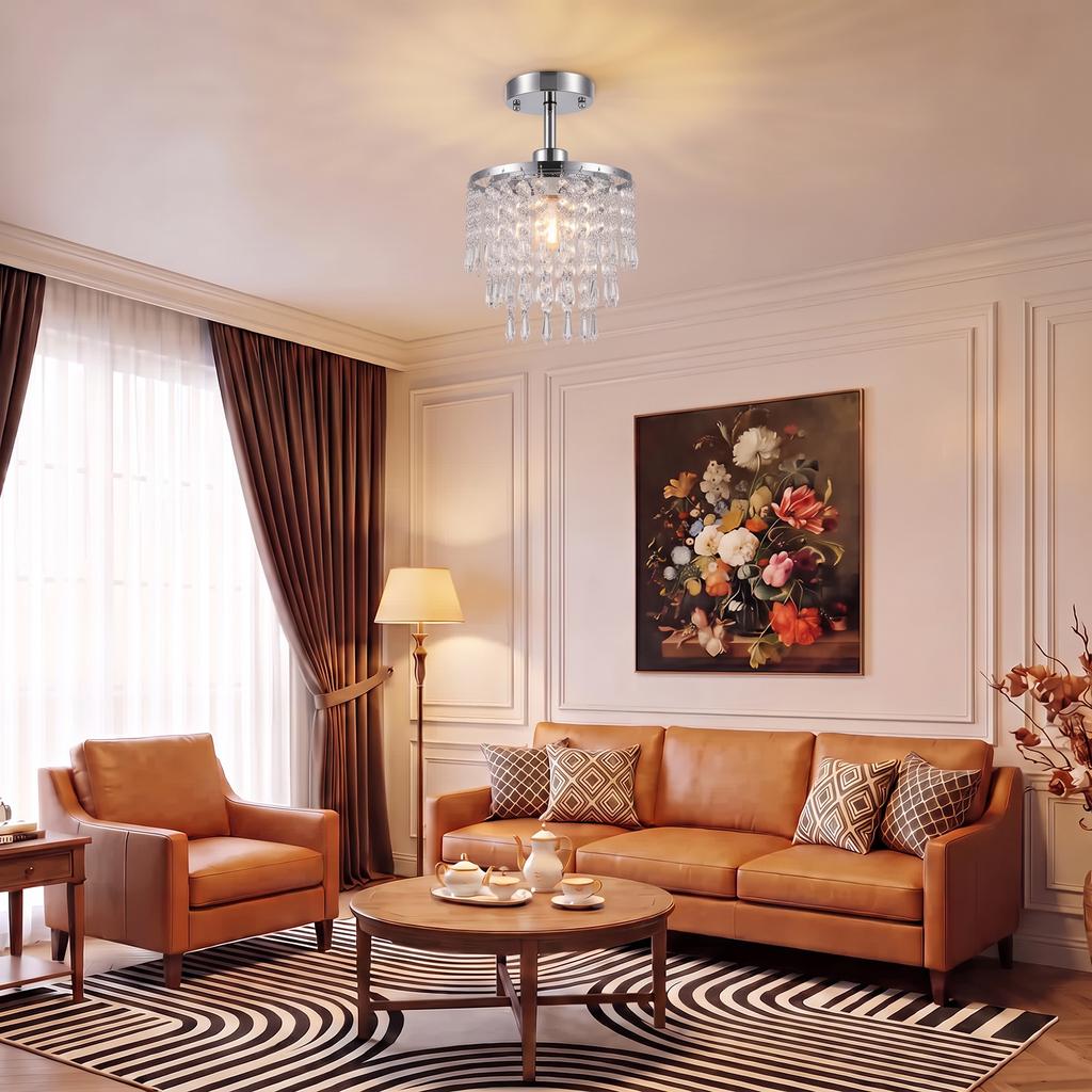 Crystal Ceiling Light with 57 Crystal Strands, Ceiling Light with Mounting Plate for Hallway, Silver Tone