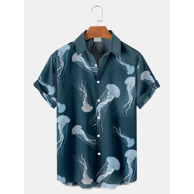 Fashion Men's Casual Sea Life Graphics Short Sleeve Shirt Button Down Lapel Shirts Oversized Tops Casual Hawaiian Shirt for Man