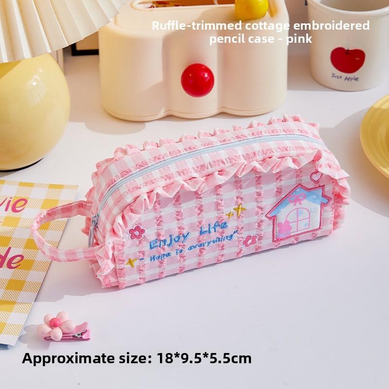 Girls Heart Canvas Pencil Case With Large Capacity And Lace Embroidery For School Supplies