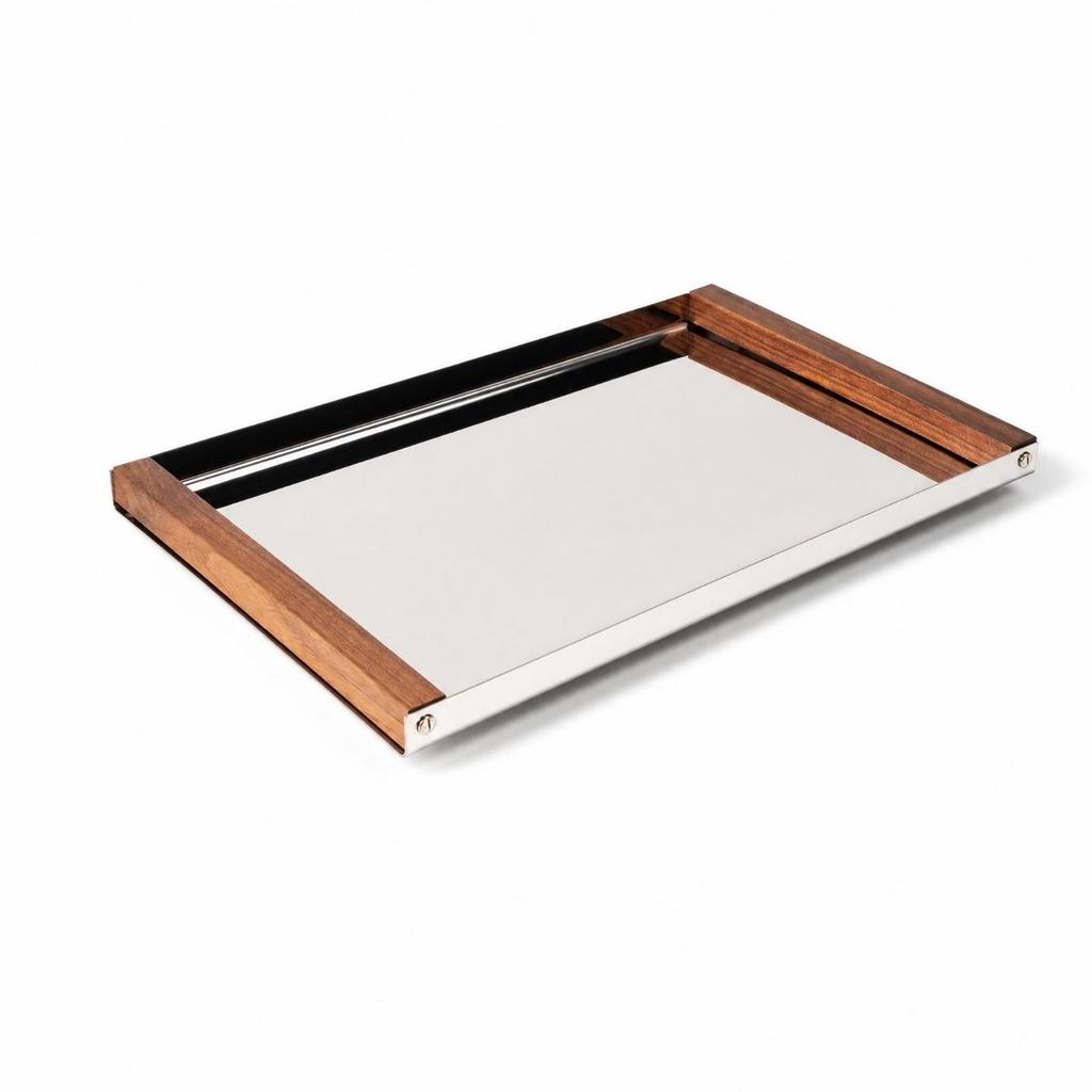 Stainless Steel Tray with Wood Handles Rectangular Serving for Hosts, Coffee