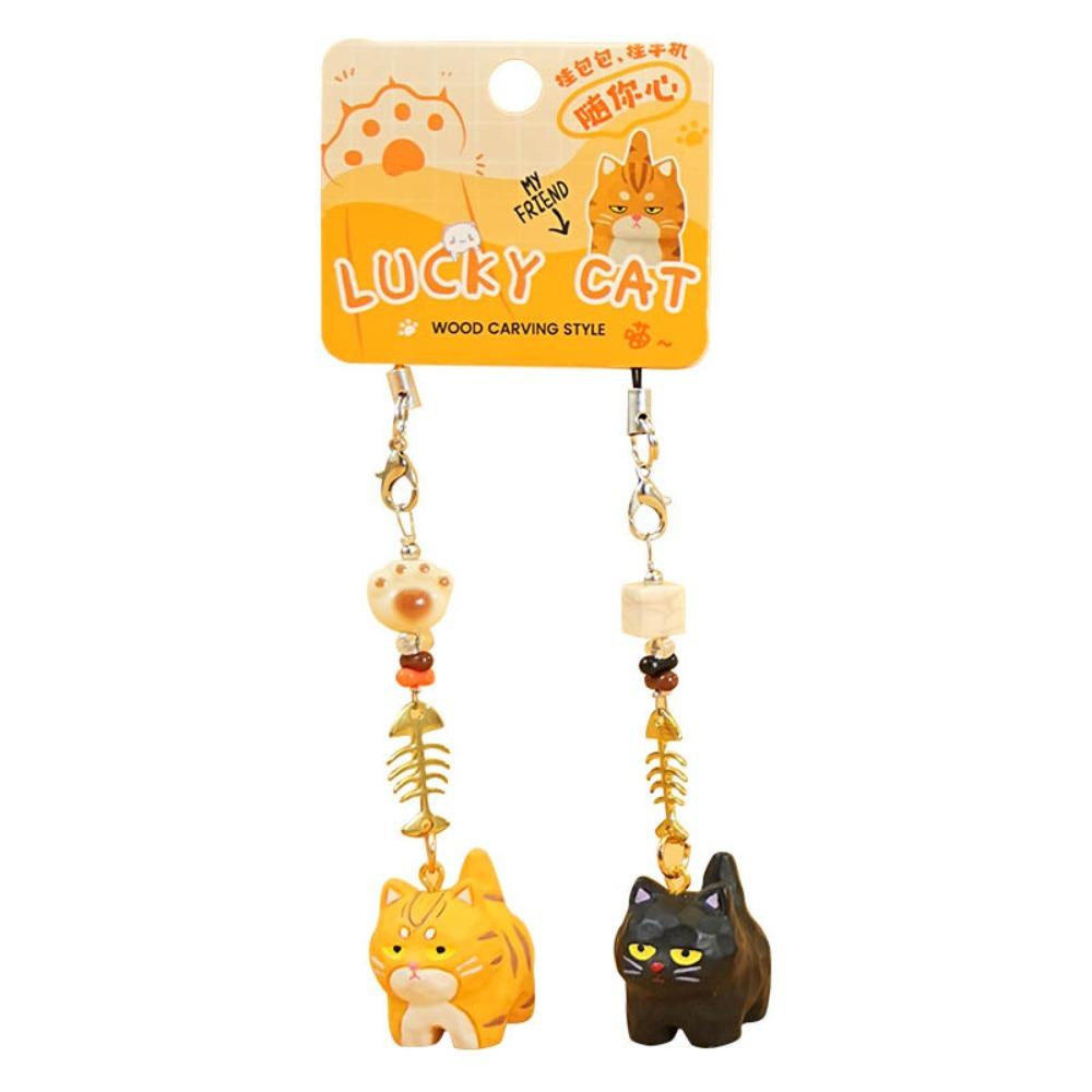 2Pcs Bag Hanging Resin Cat Pendant Cute Car Keyring Cartoon Cat Fishbone Keychain  Bag Decor