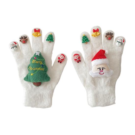 1 Pair Christmas Knitted Gloves Men Women Winter Warm Thick Plush Gloves with Xmas Charm Outdoor Cycling Cold Weather Thermal Full Finger Gloves