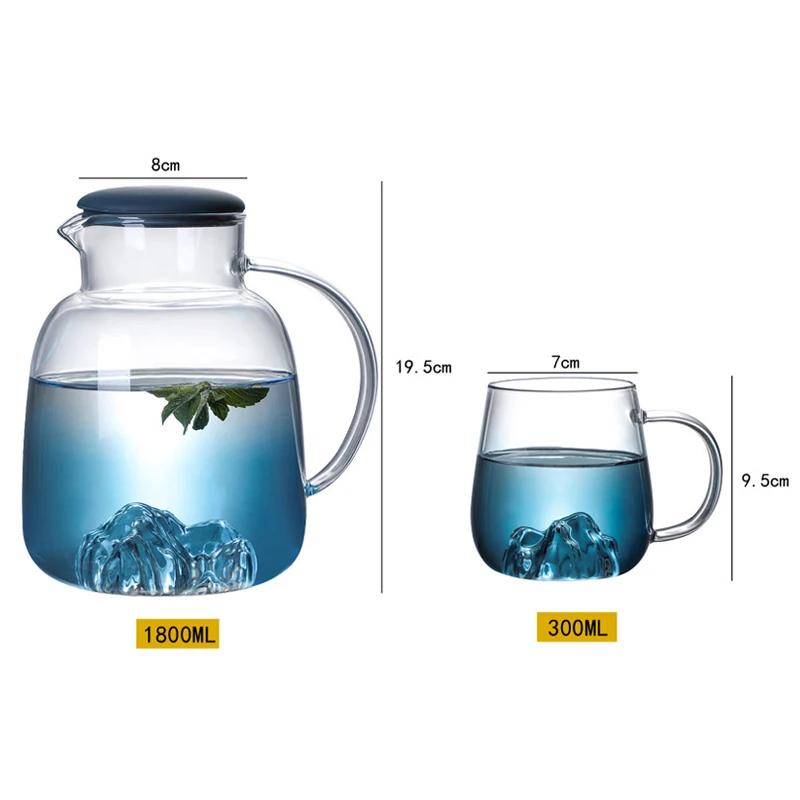 1800ml Glass Cold Water Bottle With Handle Fruit Tea Mug Kettle Mountain Design High Temperature Heatable Fine Jug Gradient Color for Home