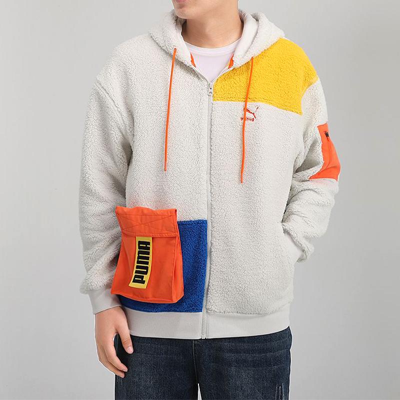 Puma Retro Block Full-Zip Hooded Sherpa Jacket Men Jackets Grey Blue Yellow 530711-05