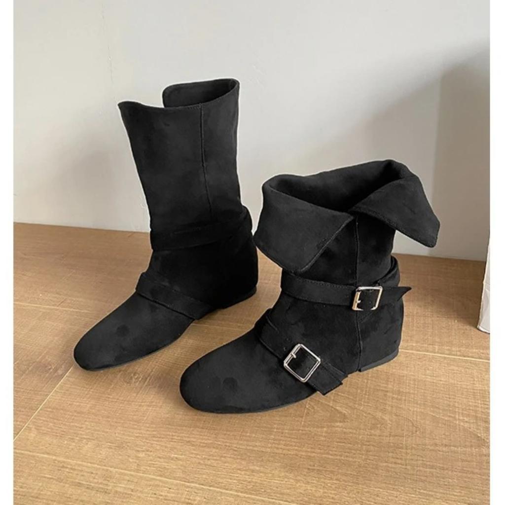 Seoul Inspired Round Toe Motorcycle Boots Women Metal Bule Velvet Surface Knight Sle Mid-Calf Flat Heel Booties Hight Top Shoes