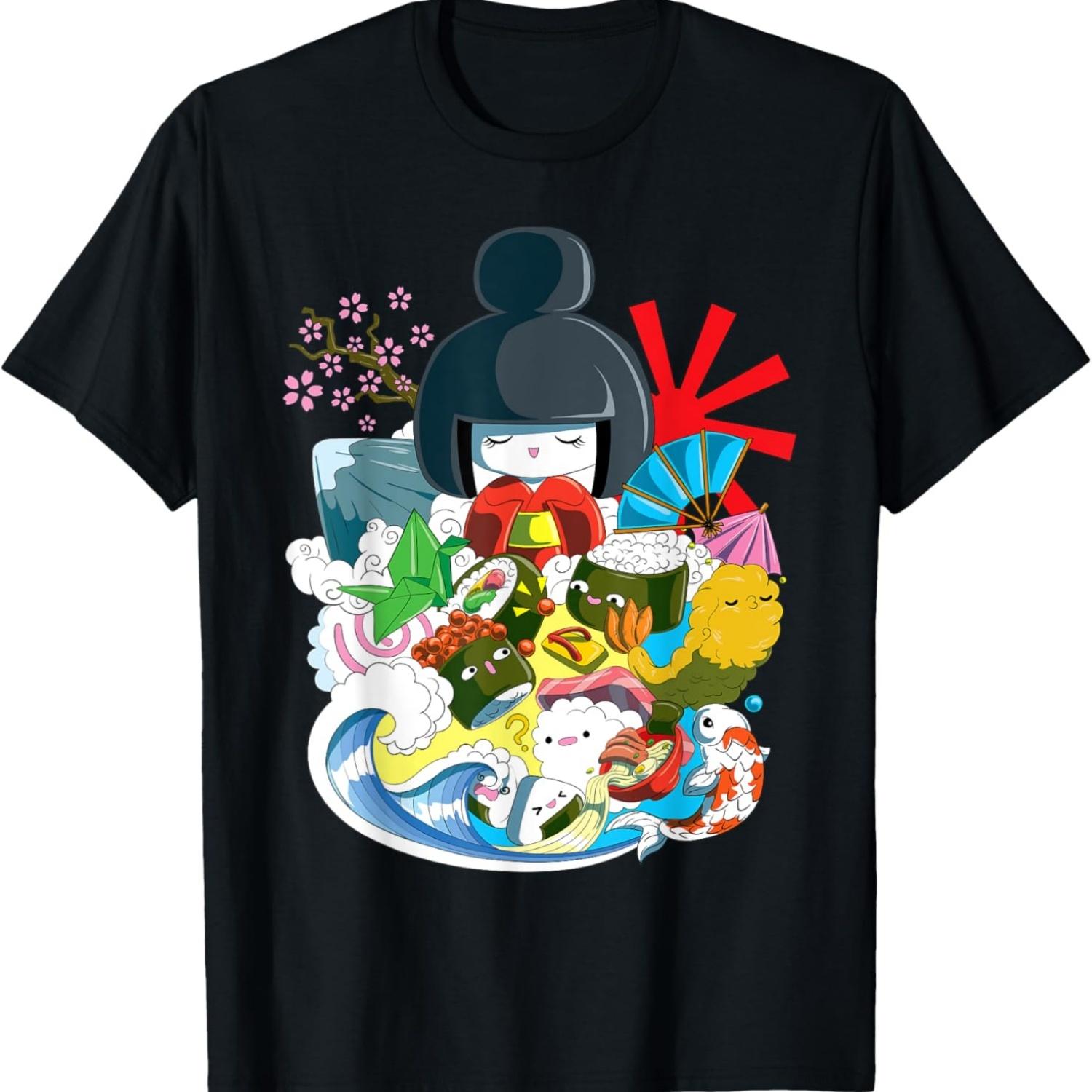 Geisha, Sushi, Sakura Cherry Blossom and Origami T-Shirt S чёрный