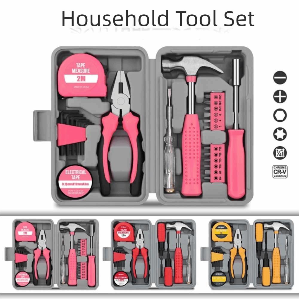 Durable Pink/Yellow DIY Tool Kit Household Compact Hand Tool Kit Metal Toolbox Home Use
