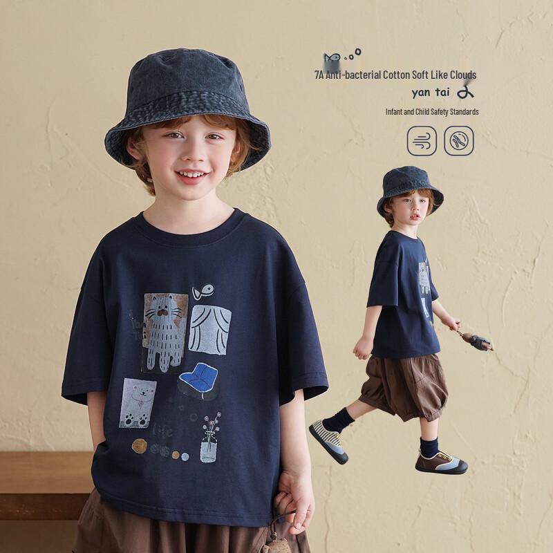 Boys  7A Antibacterial Pure Cotton Printed Short-Sleeve T-Shirt 100