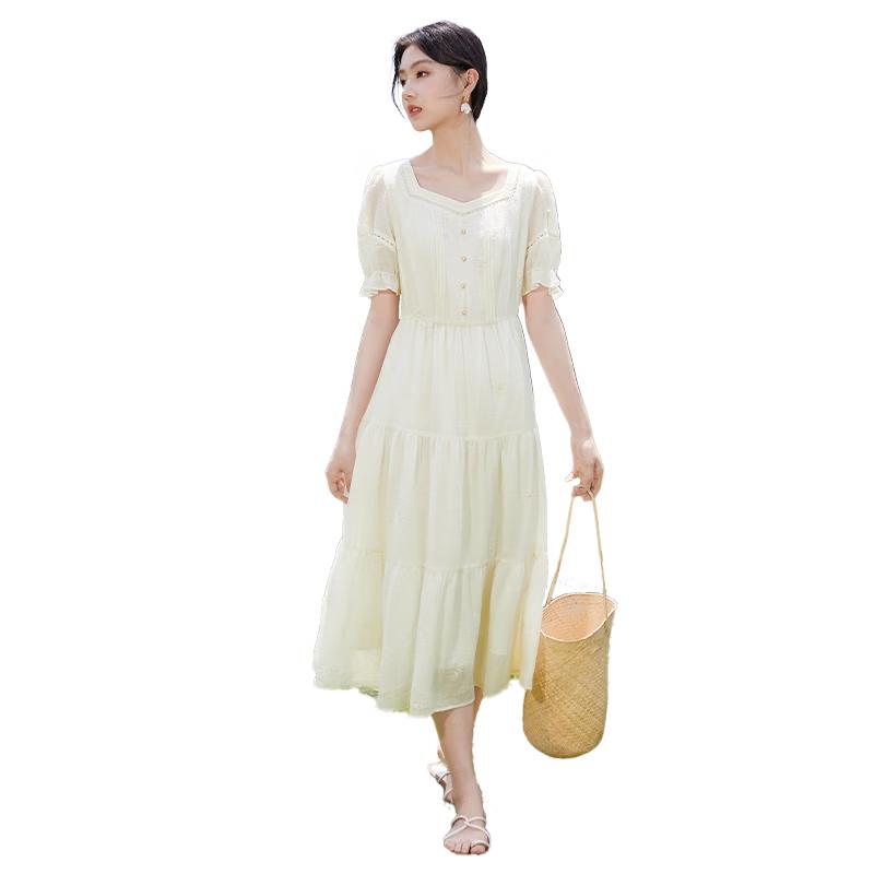 Xiangying Square Neck Puff Sleeve Embroidered Dress S