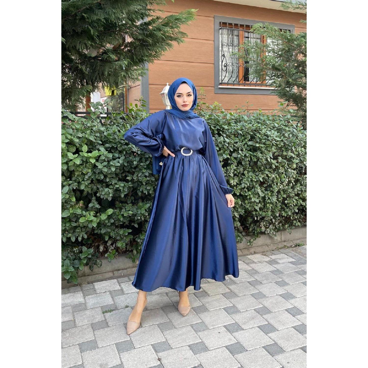 

Elastic Waist Belted Satin Evening Dress Navy Blue 36 чорний