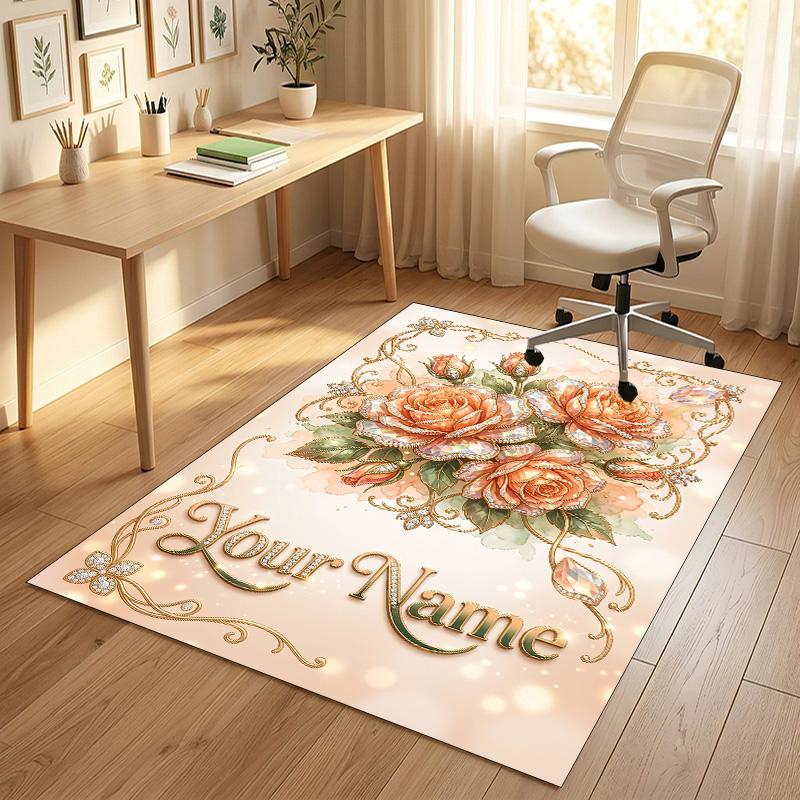 Floral Garden Theme Crystal Velvet Rug Personalized Custom Name Text Soft Floor Mat Home Decor